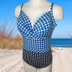 Draper James Lands’End Blue, White and Black Gingham One Piece Swimsuit Size 14